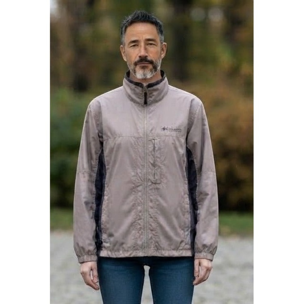 Columbia Sportswear Mens Large Tan Gray Hooded Windbreaker Jacket RM2124